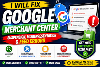 fix google merchant center suspension, misrepresentation and feed errors