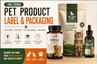 design pet product label, dog treat, cat food label, pet branding design