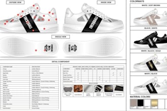 design shoes tech pack, sneakers, heels, loafers, boots, slides, sandals etc