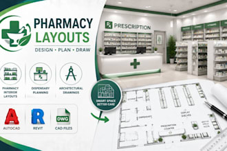 create pharmacy interior layouts, dispensary planning and architectural drawings
