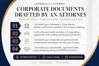 draft your investor ready delaware c corp charter bylaws resolutions US attorney