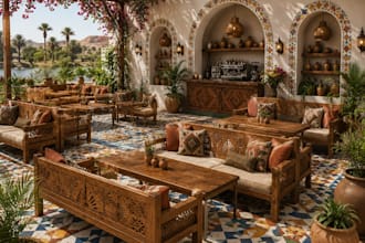 design a modern nubian cafe with realistic 3d interior rendering