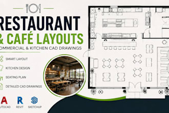 create restaurant floor plans, café layouts commercial, kitchen cad drawings