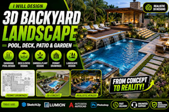 design 3d deck, swimming pool, 3d backyard landscape with patio and garden