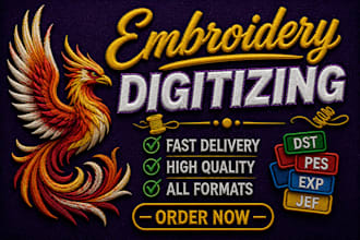 do embroidery digitizing, logo into dst, pes, jef file in 1 hour