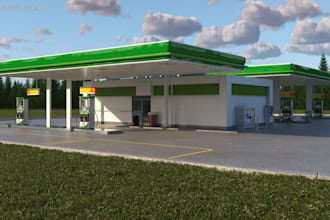 design 3d filing station gas station convenience store ev charging rendering