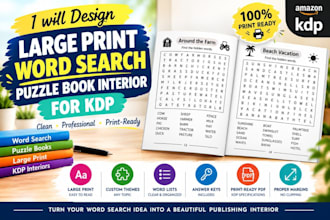 design large print word search puzzle book interior for KDP