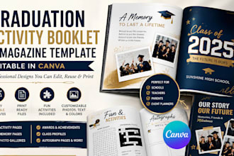 design editable graduation activity booklet template, magazine booklet in canva