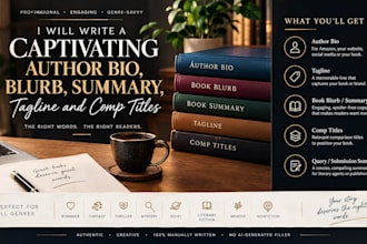 write a captivating author bio, blurb, summary, tagline and comp titles