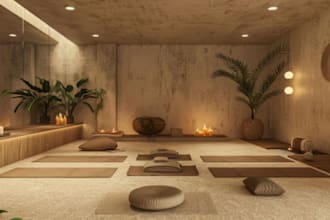 create meditation rooms, realistic 3d wellness club renders