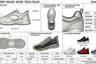 do 3d shoe design, shoe, sneaker tech pack and technical drawing for production