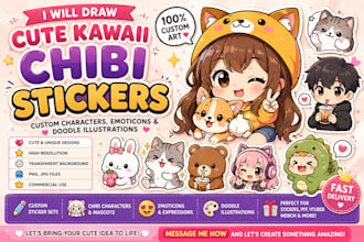 cute kawaii chibi stickers, custom characters emoticons and doodle illustration