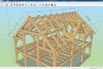 model timber framing, wood structure, roof framing, construction in sketchup