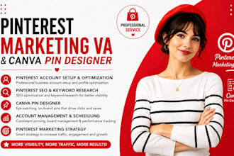 do pinterest marketing, account management setup, SEO optimize pin design as VA