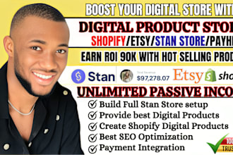 setup 7figure shopify digital product store, etsy shop, stan store digital store
