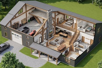 create 3d barndominium floor plan, shouse layout, barn house interior