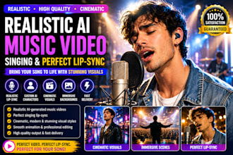 generate realistic ai music video singing, lip sync visual style 2d animation ai