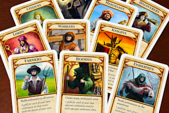 custom board game design, card deck artwork, game card illustration, box design