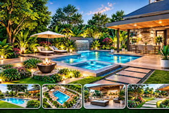 design swimming pool, backyard landscape, patio and 3d outdoor rendering