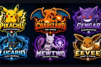 create pokemon, fakemon, anime logo for streamer and t shirt, pokemon trainer