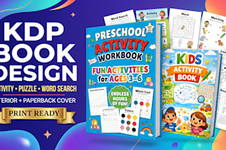 design activity book, word search puzzle book interior, paperback cover for KDP