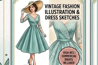 draw a fashion illustration clothing  dress sketch in classic vintage style