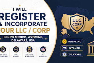 register, incorporate your llc corp business in new mexico wyoming delaware USA