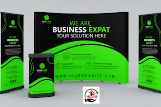 design trade show booth, exhibition backdrop signage, event branding, roll up