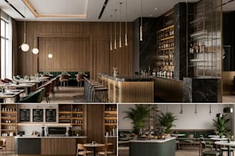 do 3d cgi restaurant, bar design, cafe, and coffee shop with realistic render