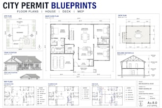 draft city permit blueprints drawing, architect floor plans, house, deck, mep