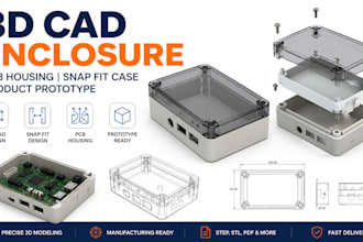 design 3d cad enclosure, pcb housing, snap fit case and product prototype