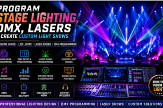 program stage lighting, dmx, lasers and create custom light shows moving heads
