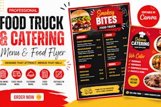 design food truck, catering menu, restaurant menu and food flyer in canva