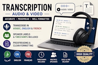 transcribe arabic, english, and french audio or video