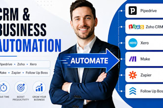 setup pipedrive, zoho, xero, make com, zapier and follow up boss automation