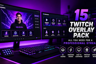 design animated twitch kick stream overlay package logo facecam alerts screens