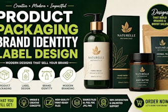 do product packaging design, brand identity design, label with modern branding