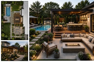 design backyard patio, deck, pergola, outdoor kitchen, realistic 3d rendering
