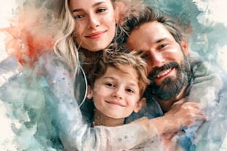 draw watercolor family portrait painting from combine photo
