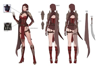 do concept art for character outfit design, character sheet, weapon sheet, skin