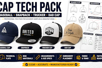 create cap tech pack for baseball cap, snapback, trucker and dad hat