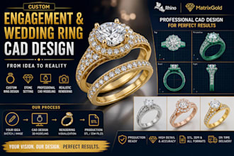 do engagement and wedding ring cad designs with realistic rendering and stl file