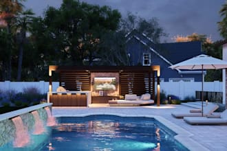 do landscape backyard design 3d rendering for pool, pergola, patio garden design