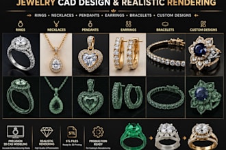 create 3d jewelry cad design, custom jewelry modeling, rendering and stl files