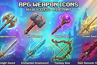 create 16x16 or 32x32 pixel art rpg icons weapons items props inventory assets