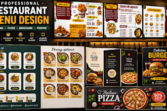 design restaurant menu, food logo, bifold brochure, flyer and poster