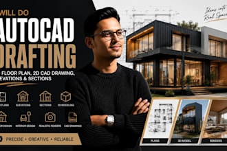 do autocad drafting, 2d floor plan, 2d cad drawing, elevations and sections