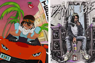 design cartoon album cover art, anime music cover, hip hop rap, lofi style emo