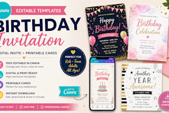 do canva birthday invitation, editable template, digital invite, printable cards