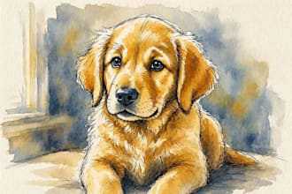 paint a watercolor pet portrait with ink sketch